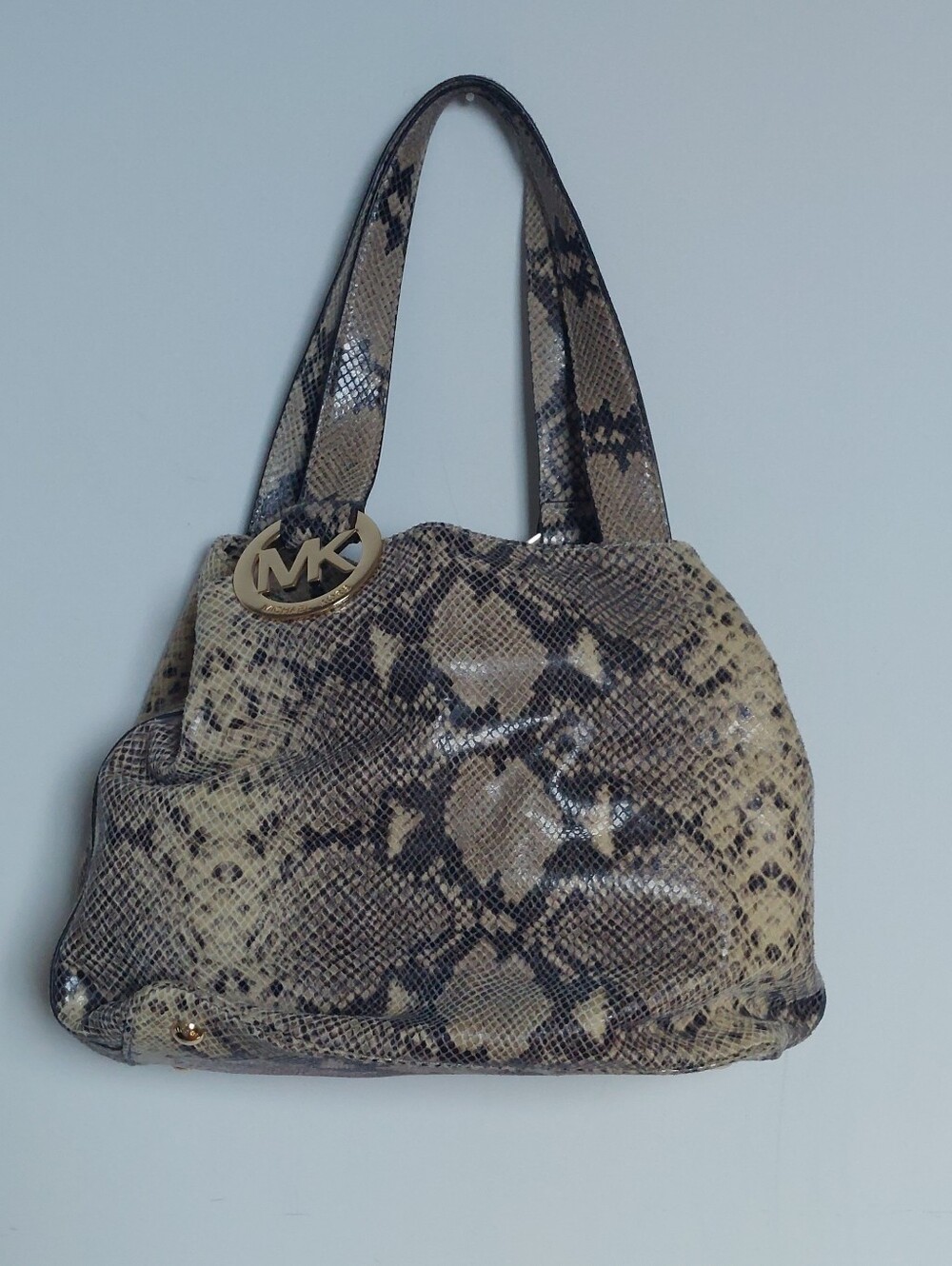 Michael Kors Fulton Large Snake Print Leather Shoulder Bag Sand